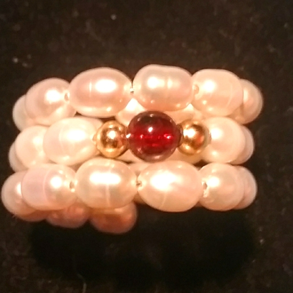 Genuine Garnets Genuine  Pearls Gold Wrap Around Ring Size Any